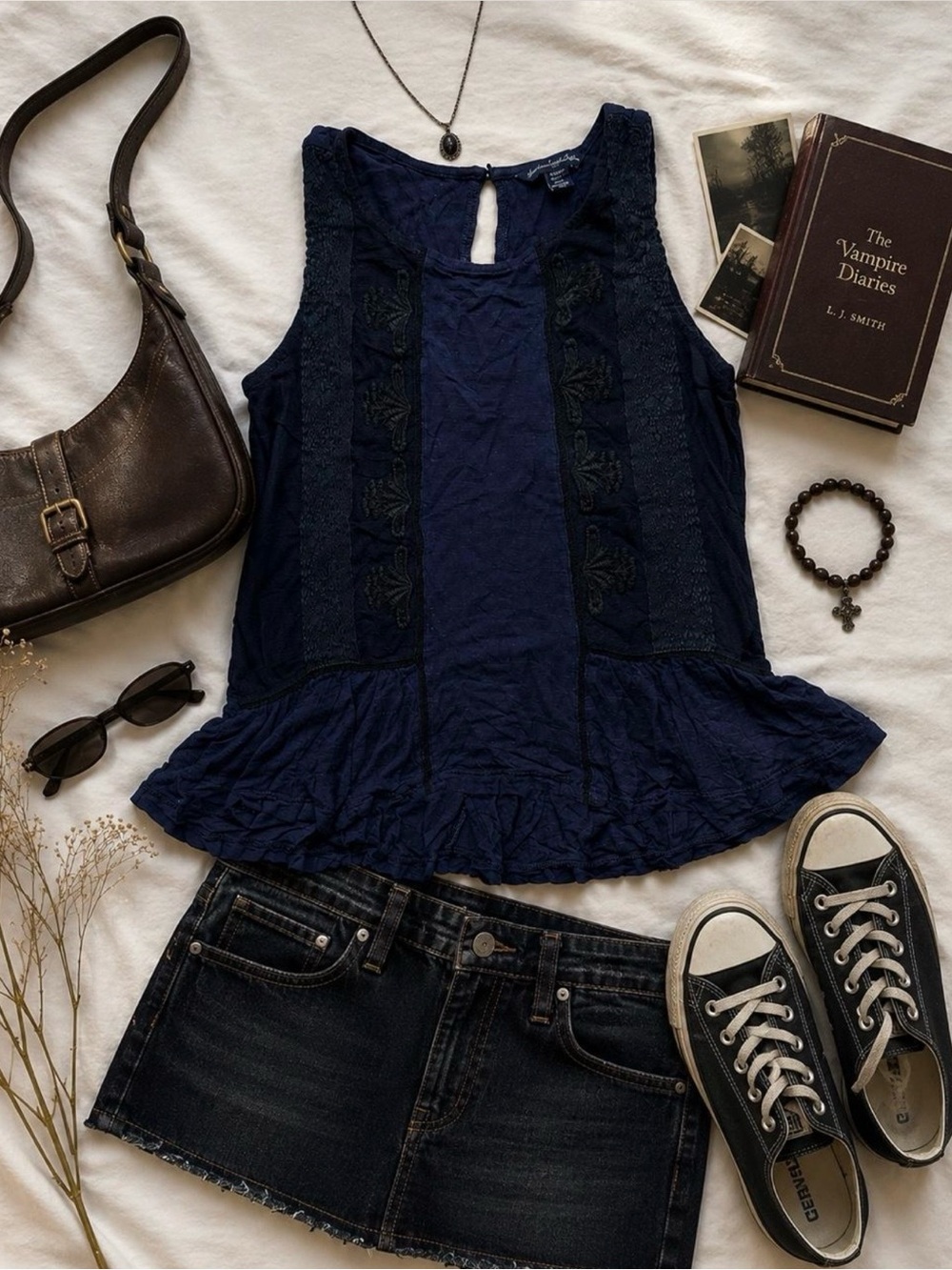 Y2K Navy Lace Boho Babydoll Tank ✦ Elena Gilbert Core Fairy Grunge Ruffle Top XS